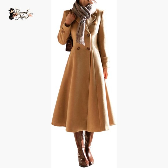 Long Wool Blend Pea Coat Double Breasted Trench Coat Slim Fit